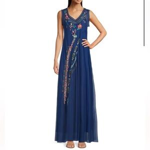 JOHNNY WAS Large Mazzy Embroidered Blue Mesh V-Neck Sleeveless A-Line Maxi Dress